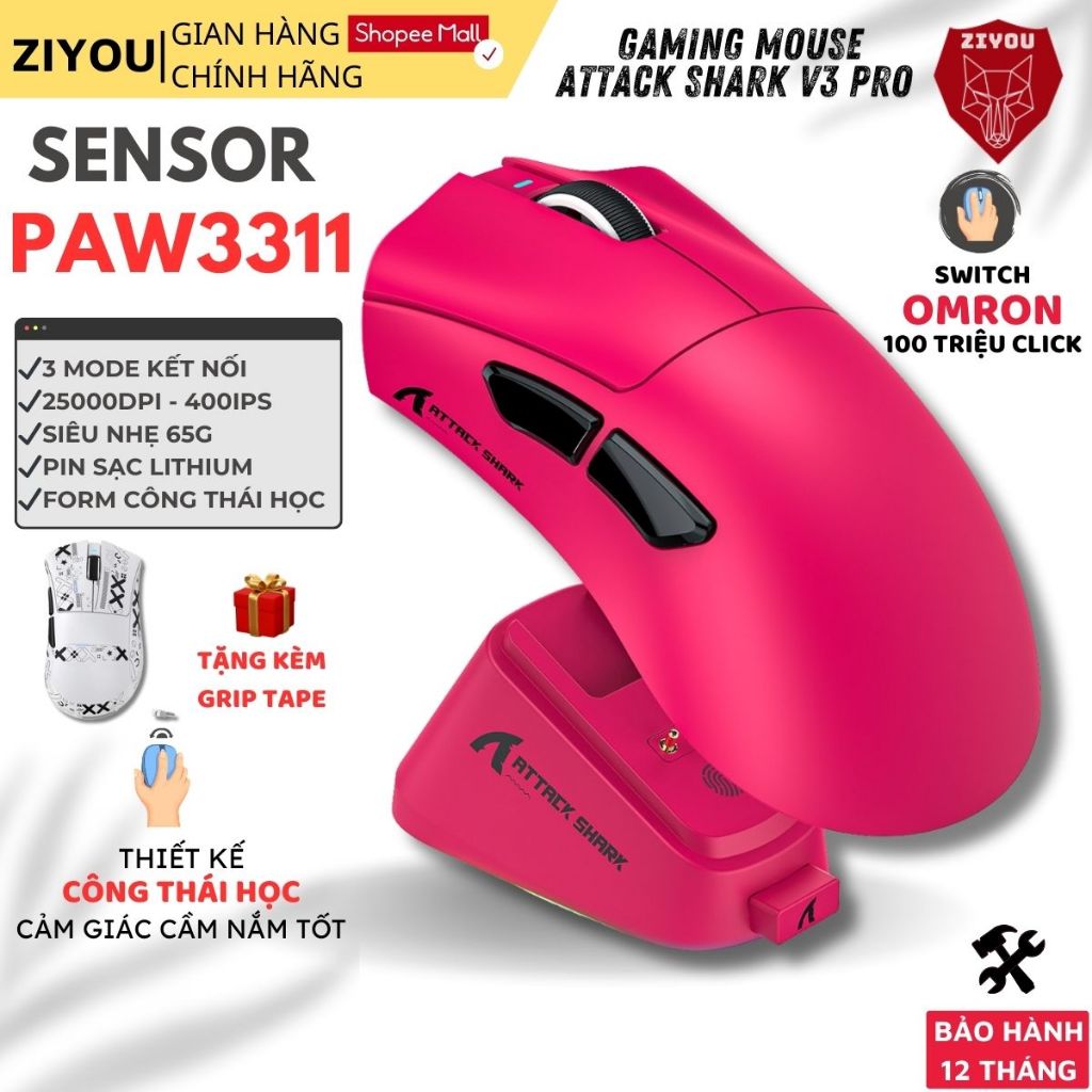 Chuột Gaming Không Dây Ziyou Attack Shark V3 Pro Cảm Biến PAW3311, Dock Sạc RGB, 1000Hz, Pin 500mAh | BigBuy360 - bigbuy360.vn