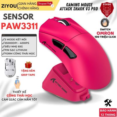 Chuột Gaming Không Dây Ziyou Attack Shark V3 Pro Cảm Biến PAW3311, Dock Sạc RGB, 1000Hz, Pin 500mAh