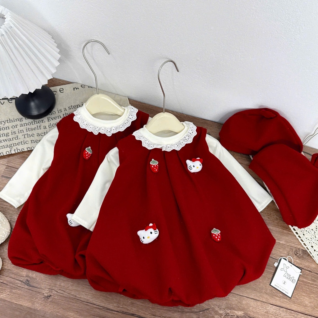 <XẢ KHO, TẶNG MŨ> váy tết cho bé gái, Váy cho bé gái hàn quốc, bộ thu đông, váy dạ kèm áo giữ nhiệt 