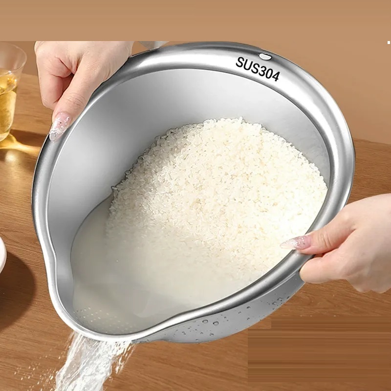 Thau rổ RÁ vo gạo inox 304 cao cấp lưu vực lọc sạn rửa trái cây rau củ quả Đậu 24cm