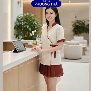  Đồng phục spa may theo mẫu cổ tàu chất cotton lạnh không nóng không nhăn 
