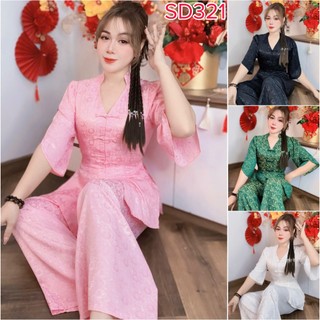 SD321 Bộ Pháp Phục Gấm Cổ V, Đi Lễ Chùa Hoa Nhí Dễ Thương, Bộ Đồ Lam Đi Chùa, Set Bà Ba