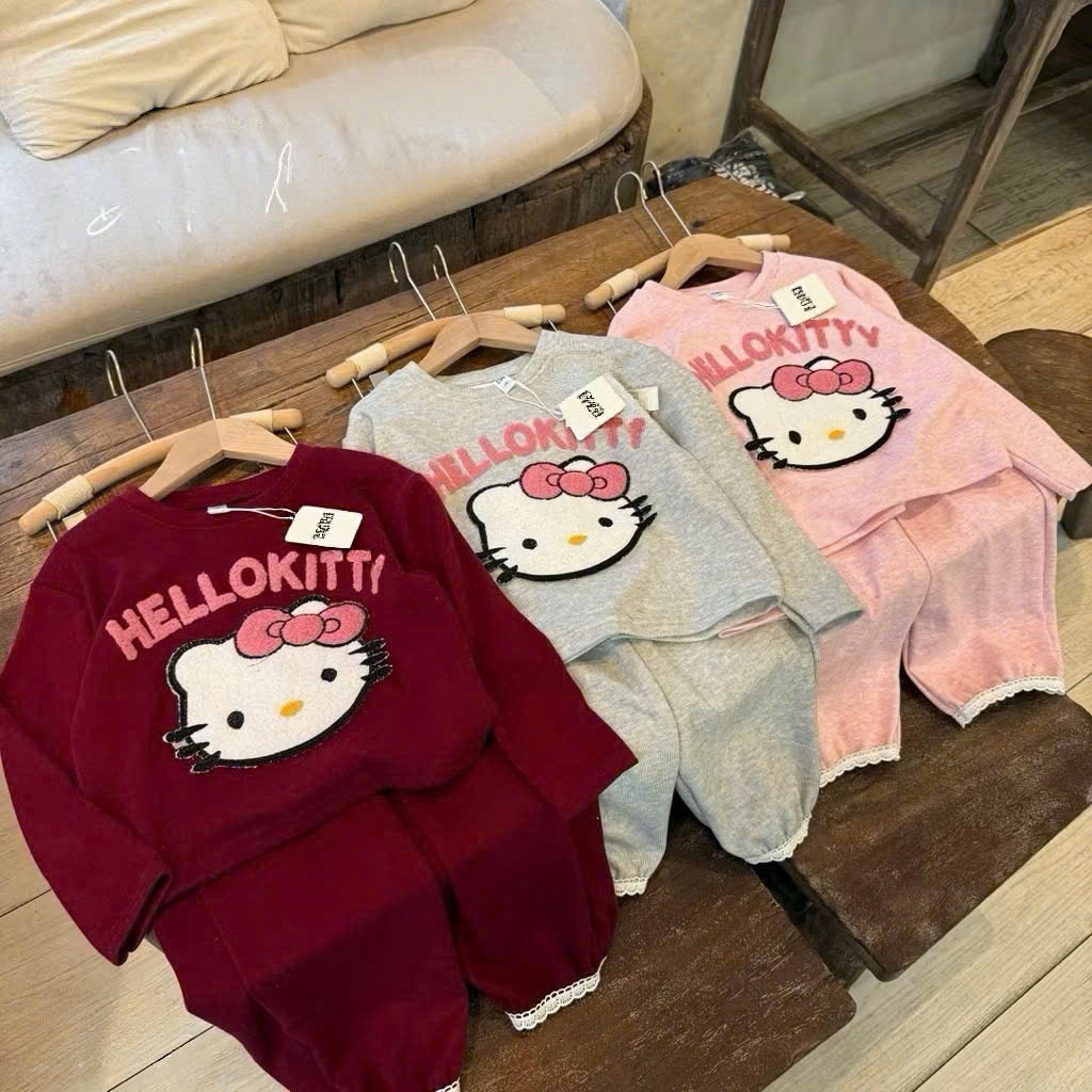 Bộ nỉ dài tay bé gái mềm ấm in Hello Kitty đáng yêu size 7-26kg- Hana House