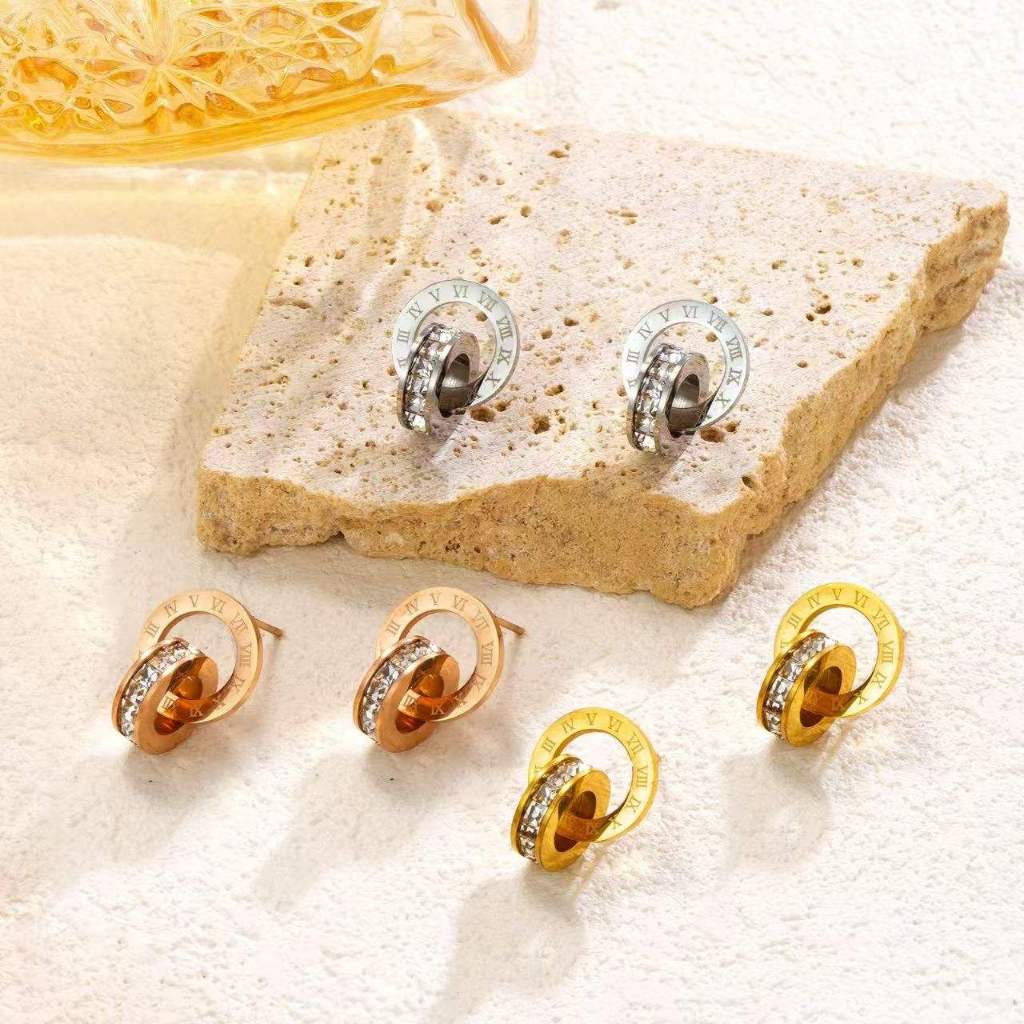 Bông tai vòng đôi mạ vàng 18K thiết kế số la mã đính Zircon lấp lánh