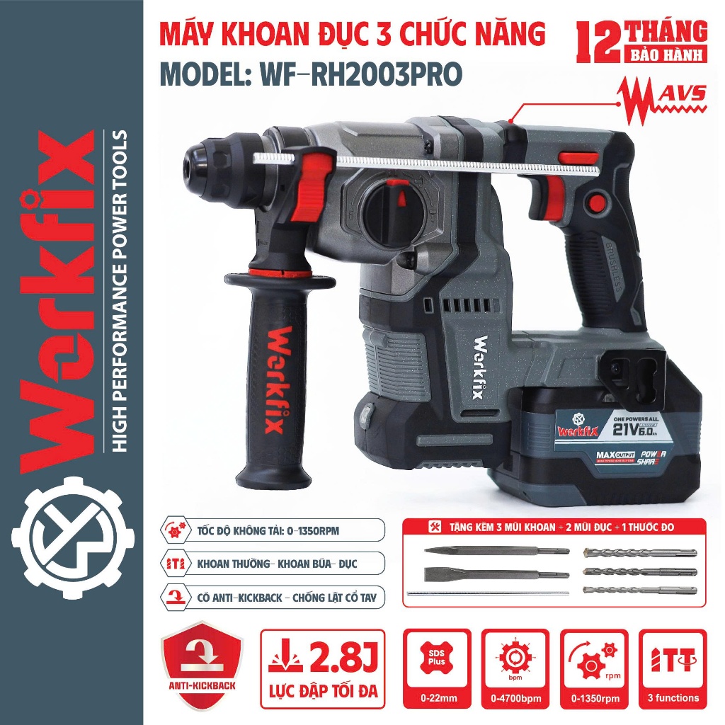 Máy Khoan Bê Tông Dùng Pin WORKFIX WF-RH2203PRO, Có chống rung RVT, Có chống lật Anti_kickback