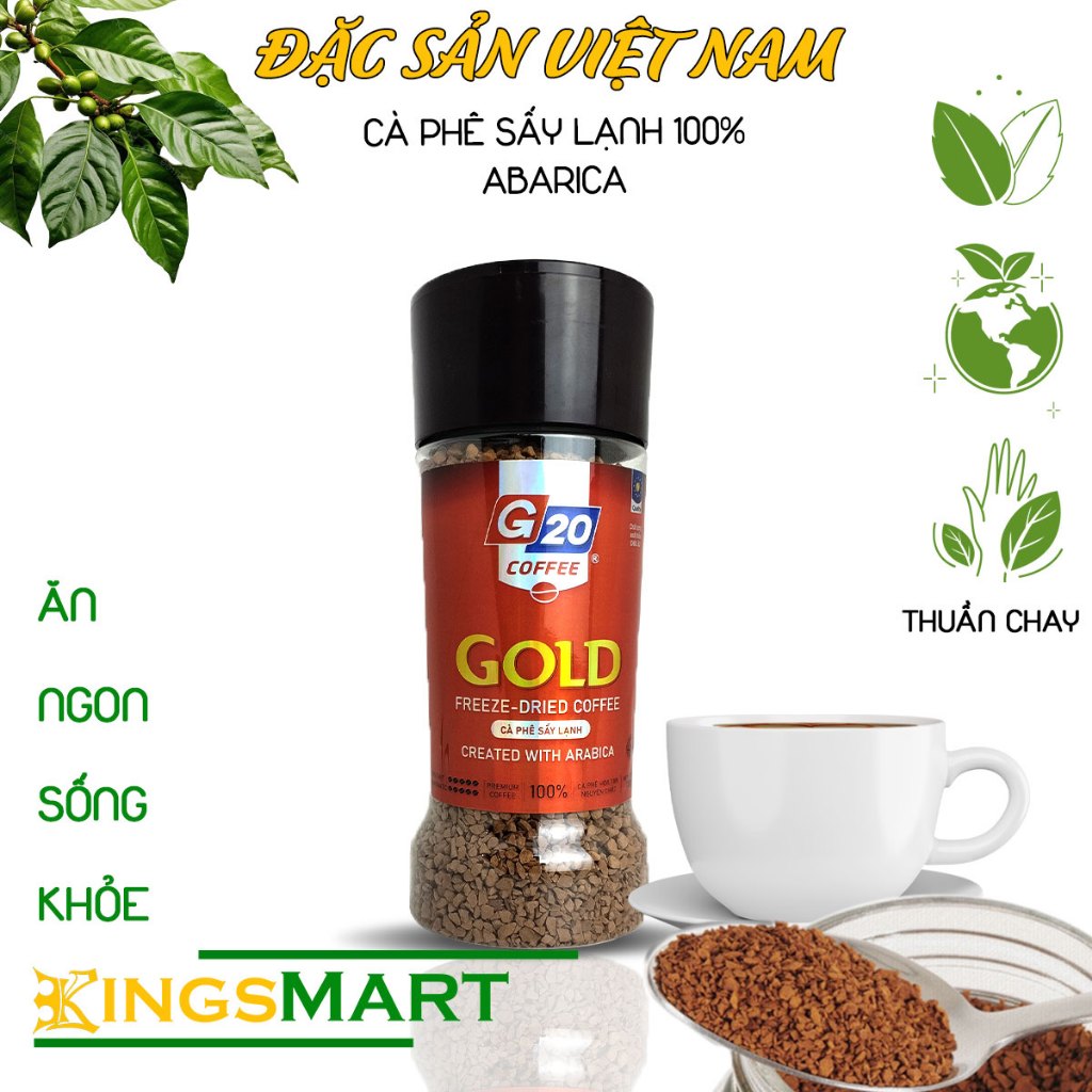 [Thuần chay] - Cà phê sấy lạnh GOLD Arabica 100% - Thương hiệu G20 COFFEE THIÊN SA - Hũ 120g - Kings