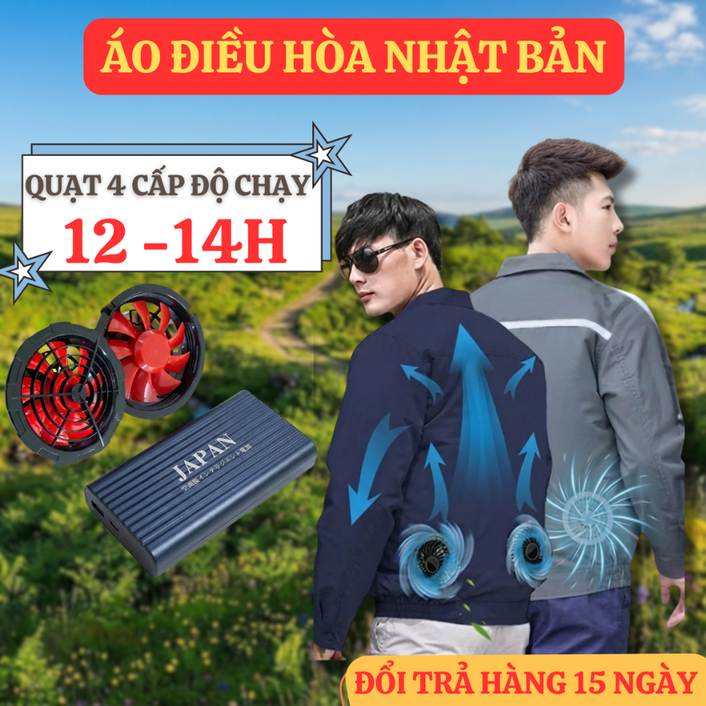 Áo điều hòa Nhật Bản kèm pin Japan 18V 90000mAh, làm mát mạnh, thời lượng 12–14 giờ