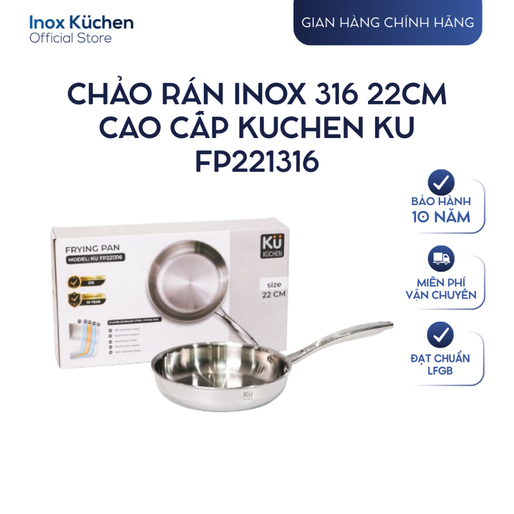 (Inox 316) Chảo rán inox 316 22cm cao cấp KUCHEN KU FP221316