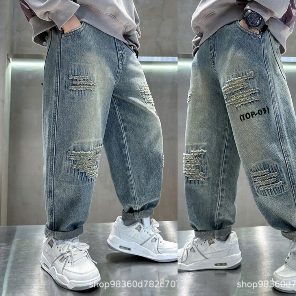 [ 6609 ]. Quần Jeans Thêu + Rách  phom becghi 15-63KG Boy Năng Động Cho Bé Trai - Chất Liệu Jean Đứng Fom