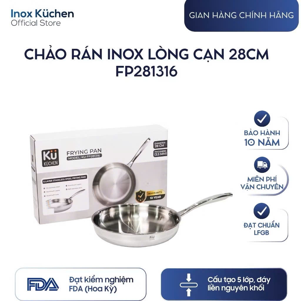 (Inox 316) Chảo Rán Inox 316 KUCHEN 5 Lớp Lòng Cạn – Size 28cm - FP281316