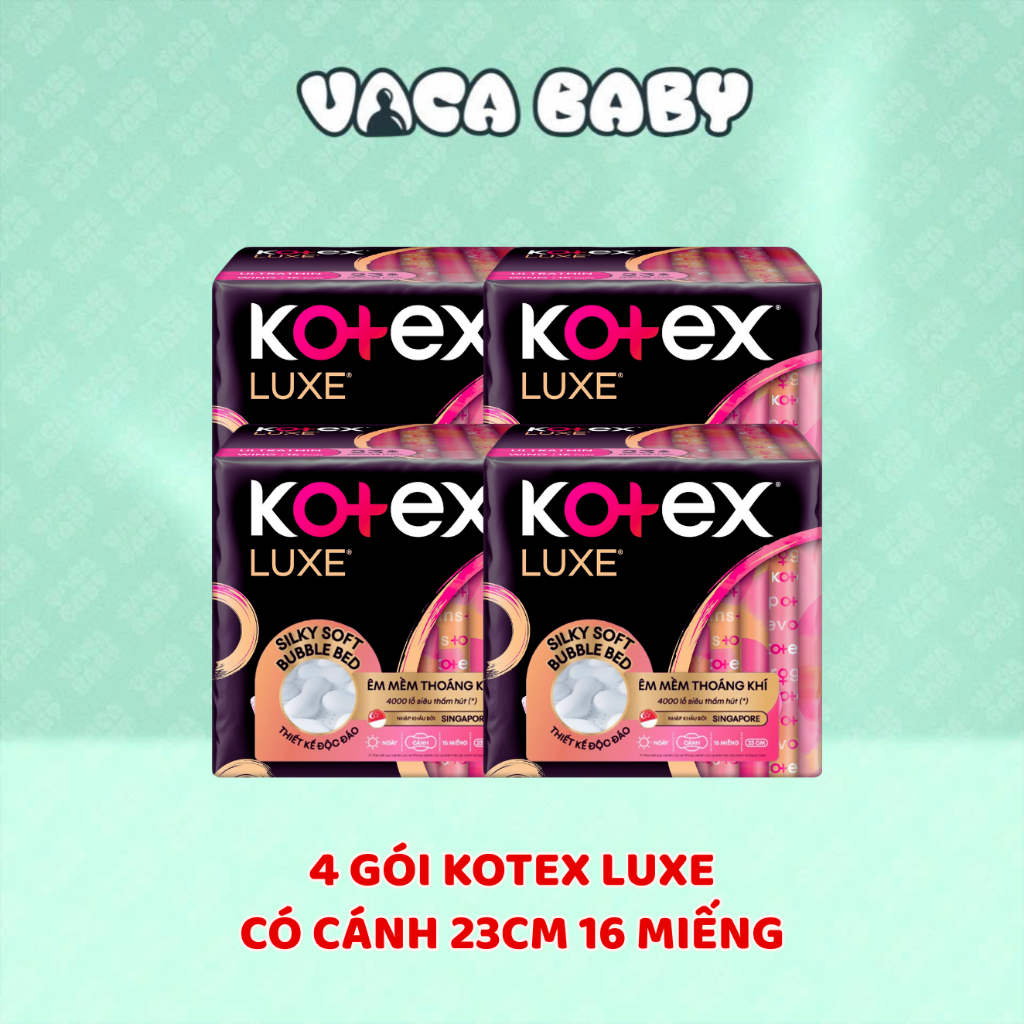 Combo 4 Gói Băng Vệ Sinh Kotex LUXE Mặt Bông Êm Mềm 23cm Gói 16 Miếng Thấm Hút Siêu Tốc