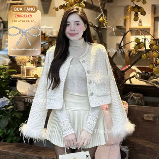  TheDelyn   Áo dạ tweed khuy đá pha lê viền cổ ngọc mix lông vũ QC2025   Tặng tag nơ đá cài áo   