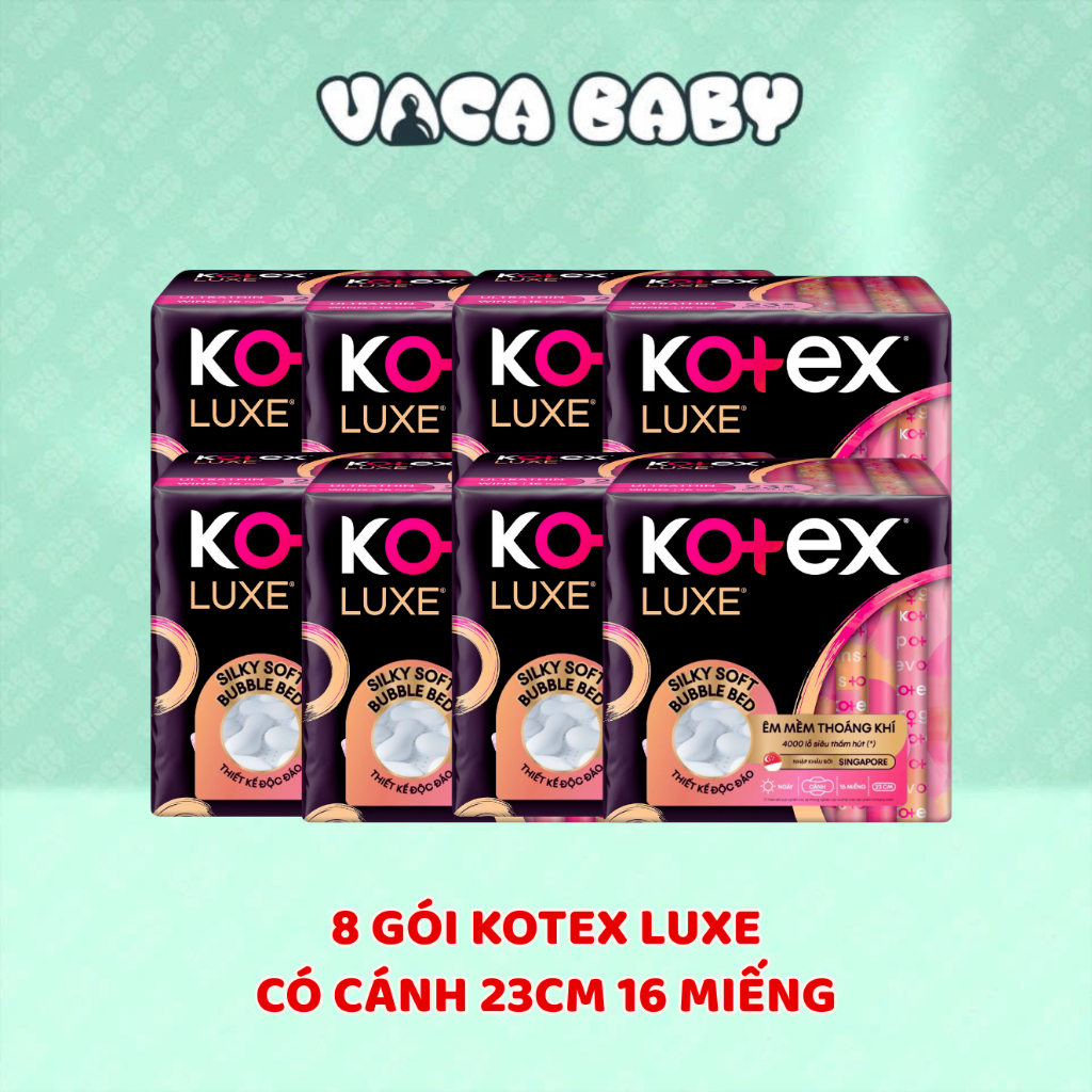 Combo 8 Gói Băng Vệ Sinh Kotex LUXE Mặt Bông Êm Mềm 23cm Gói 16 Miếng Thấm Hút Siêu Tốc