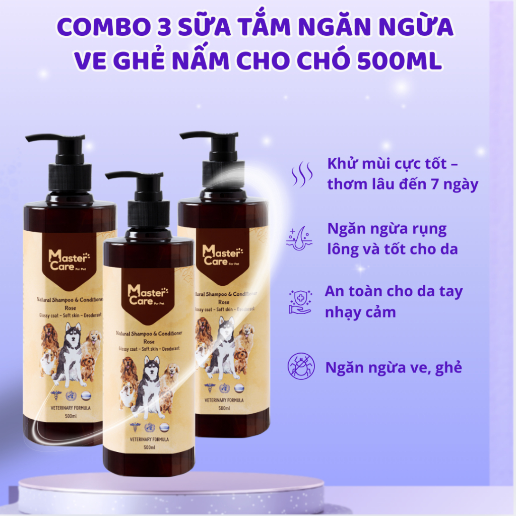 Combo 3 Sữa Tắm Chó Mèo MASTERCARE Khử Mùi Lưu hương Lâu Mượt Lông Ngăn Rụng Lông 500ml