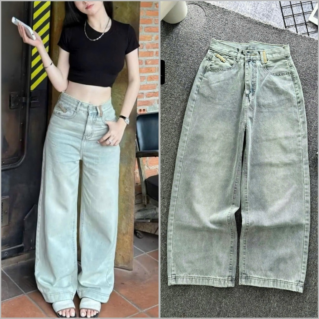 HJ2013 Quần jeans suông phối đai kiểu màu passtel bụi nhạt lạ mới sẵn hai phom suông nấm 95cm và suô