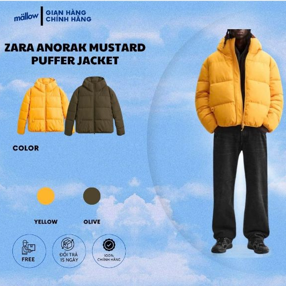 ÁO KHOÁC PHAO CÓ MŨ ZAR ANORAK MUSTARD PUFFER JACKET, CHẤT LIỆU CAO CẤP, KHOÁ KÉO 2 CHIỀU, DÂY ĐEO T