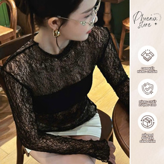  Áo Thun Ren Lưới Mỏng Dài Tay Nữ Xuyên Thấu Phối Áo Quây Bên Trong Phong Cách Gợi Cảm 