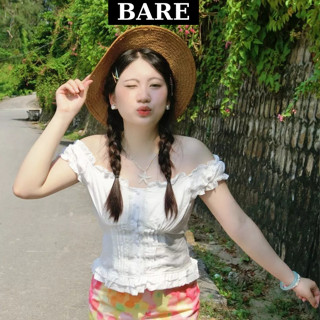  BARE_ Hàng Thiết Kế  Áo Trễ Vai Corset Nữ Cổ Bèo Nút Bấm Vintage Áo Babydoll Dáng Ôm Tôn Dáng_A819 