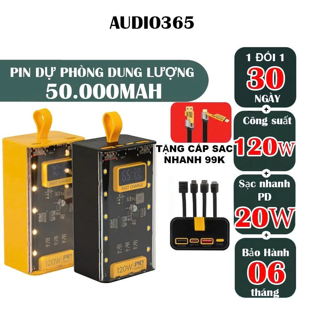 Bộ sạc nhanh 120w 50000mah kèm 4 dây sạc