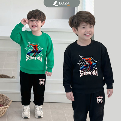 Bộ nỉ bé trai in SPIDER MAN, người nhện size 18-42kg - Đồ bộ thu đông dài tay cho bé Loza Kids BI335