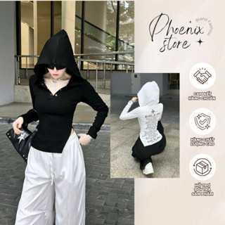  Áo Thun Tay Dài Mũ Trùm Xẻ Vạt Phong Cách Y2k 