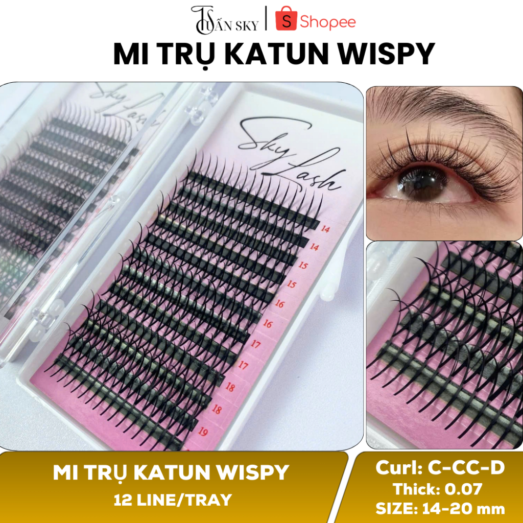 Mi Trụ Katun Wispy cao cấp SKYLASH, mix size 14-20mm - dày 0.07, Dụng cụ nối mi TUẤN SKY