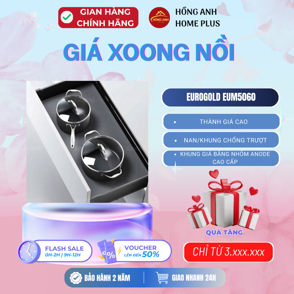 Giá xoong nồi nhôm anode Eurogold EUM5060 lắp âm tủ bếp dưới khoang 600mm, giúp sắp xếp xoong nồi