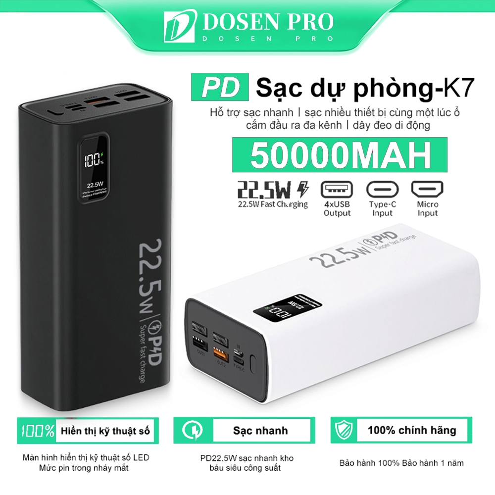 sạc dự phòng pd22.5w Dosen Pro k7 10000mah 30000mah 50000mah pin dự phòng màn hình led tích hợp tích