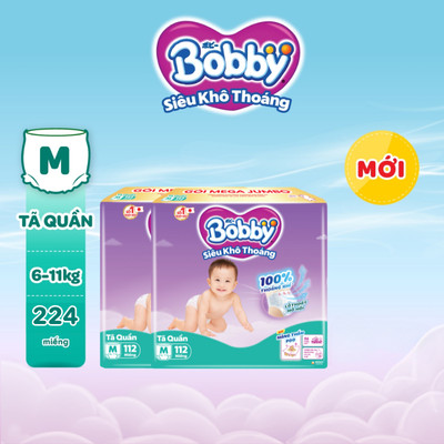 [KOL] [TẶNG MIẾNG] Combo 02 tã quần Bobby Siêu Khô Thoáng - 100% Thoáng Khí Mega Jumbo M112/L96/XL84/XXL76