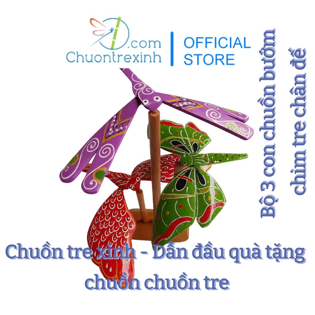 Bộ 3 Chuồn Chuồn Tre – Bướm Tre – Chim Tre Kèm Chân Đế 3 Con | Quà Lưu Niệm Thủ Công Chuồn Tre Xinh 