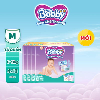 [KOL]Combo 4 gói tã quần Bobby Siêu Khô Thoáng - 100% Thoáng Khí Mega Jumbo  M112/L96/XL84/XXL76