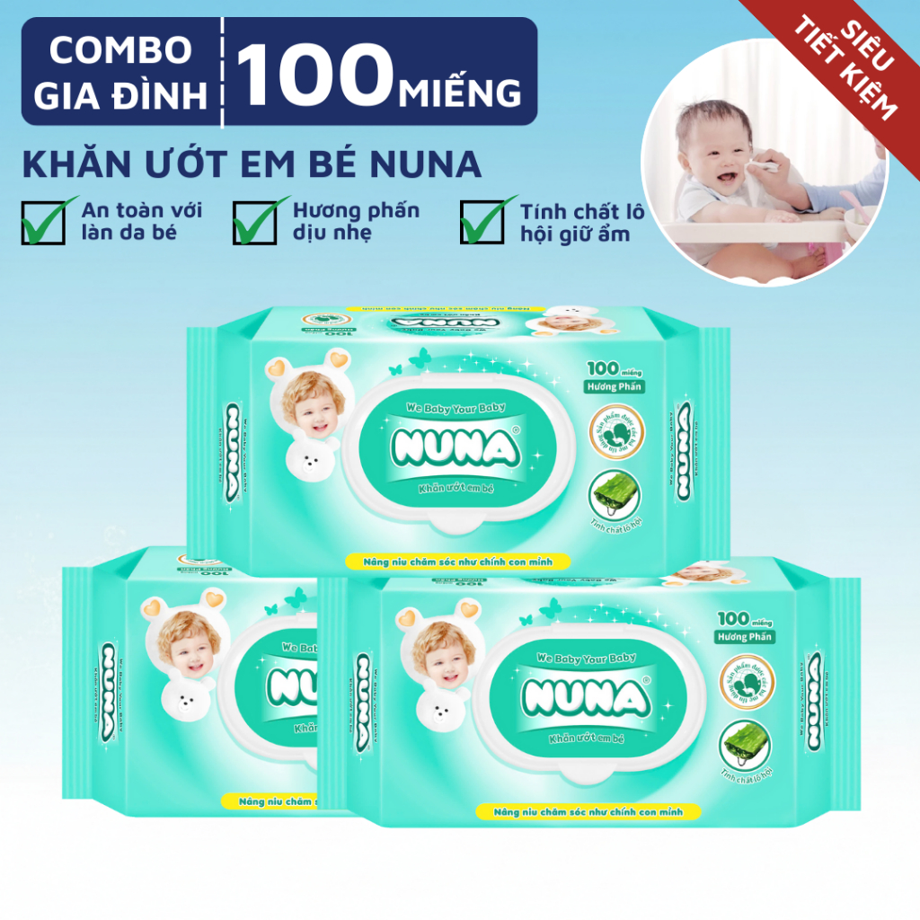 Combo Khăn Ướt Em Bé Nuna Hương Phấn 100 Miếng Chiết Xuất Lô Hội Không Cồn Thân Thiện An Toàn Da Nhạy Cảm