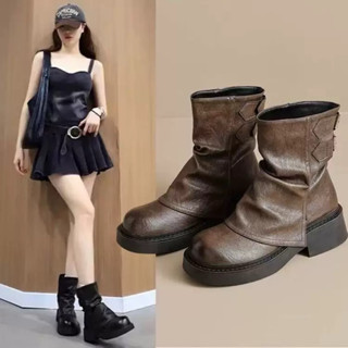  Giày Bốt Boots Nữ Da Pu Có Khoá Kép Thu Đông 2025 Mũi Tròn Đế Cao 5cm Phong Cách Thời Trang Hiện Đại 