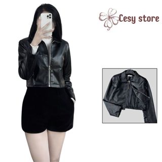  Áo khoác da nữ dáng croptop Cesy áo da nữ dài tay  hai lớp khoá kéo đệm vai 344 