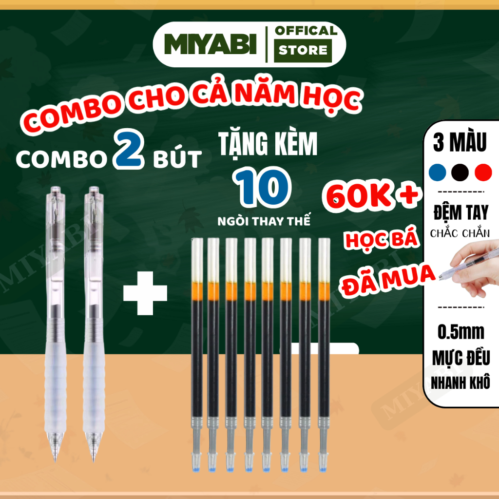 COMBO 2 bút bi nước + 10 ngòi bút bi nước 0.5mm , bút gel ST bấm nhanh khô có đệm tay - MIYABI STORE
