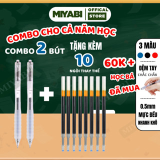 COMBO 2 bút bi nước + 10 ngòi bút bi nước 0.5mm , bút gel ST bấm nhanh khô có đệm tay - MIYABI STORE