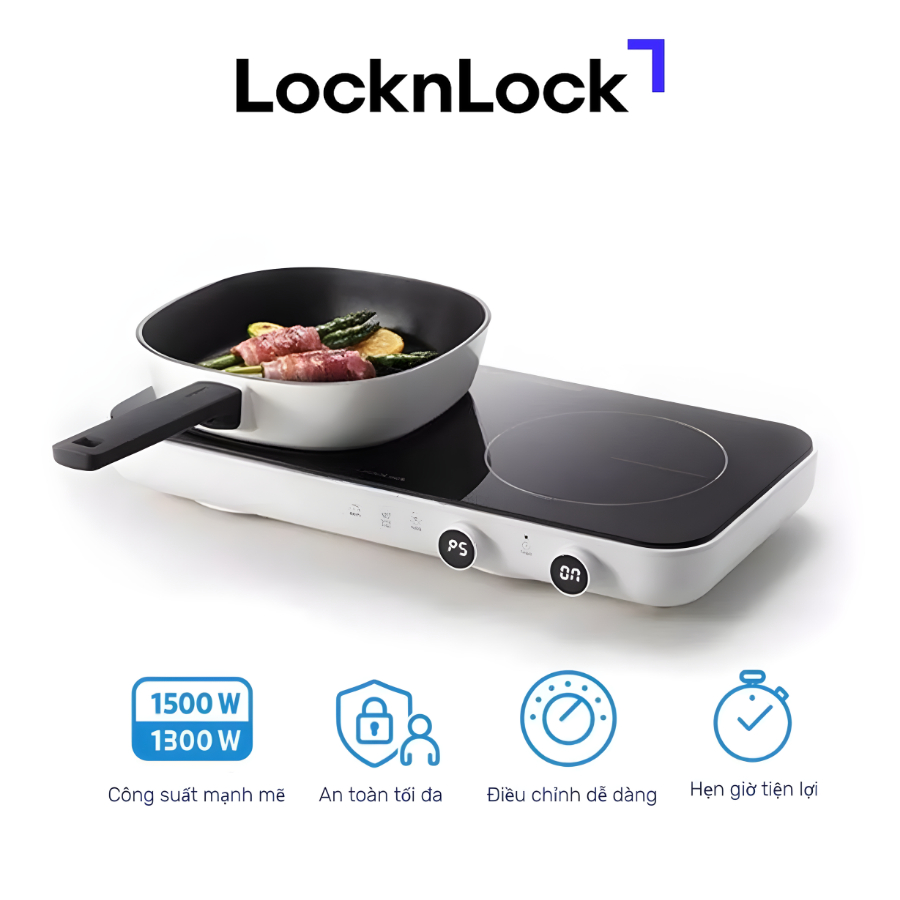 Bếp điện từ đôi LocknLock Square double induction mặt pha lê kèm tấm bảo vệ, màu trắng EJI326WHT