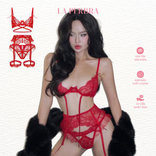  Phera - Set nội y ren phối lưới đỏ cá tính Bộ đồ lót nữ sexy không mút kẹp vớ freesize - LA PERBRA 