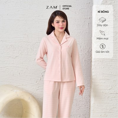 Bộ mặc nhà ZAM Dài tay kẻ Nỉ bông mềm mại ấm áp co giãn không nhăn. DTNB