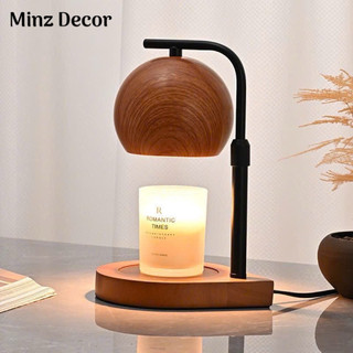 Đèn đốt nến thơm đế gỗ gỗ giọt nước, chụp đèn tròn vân gỗ