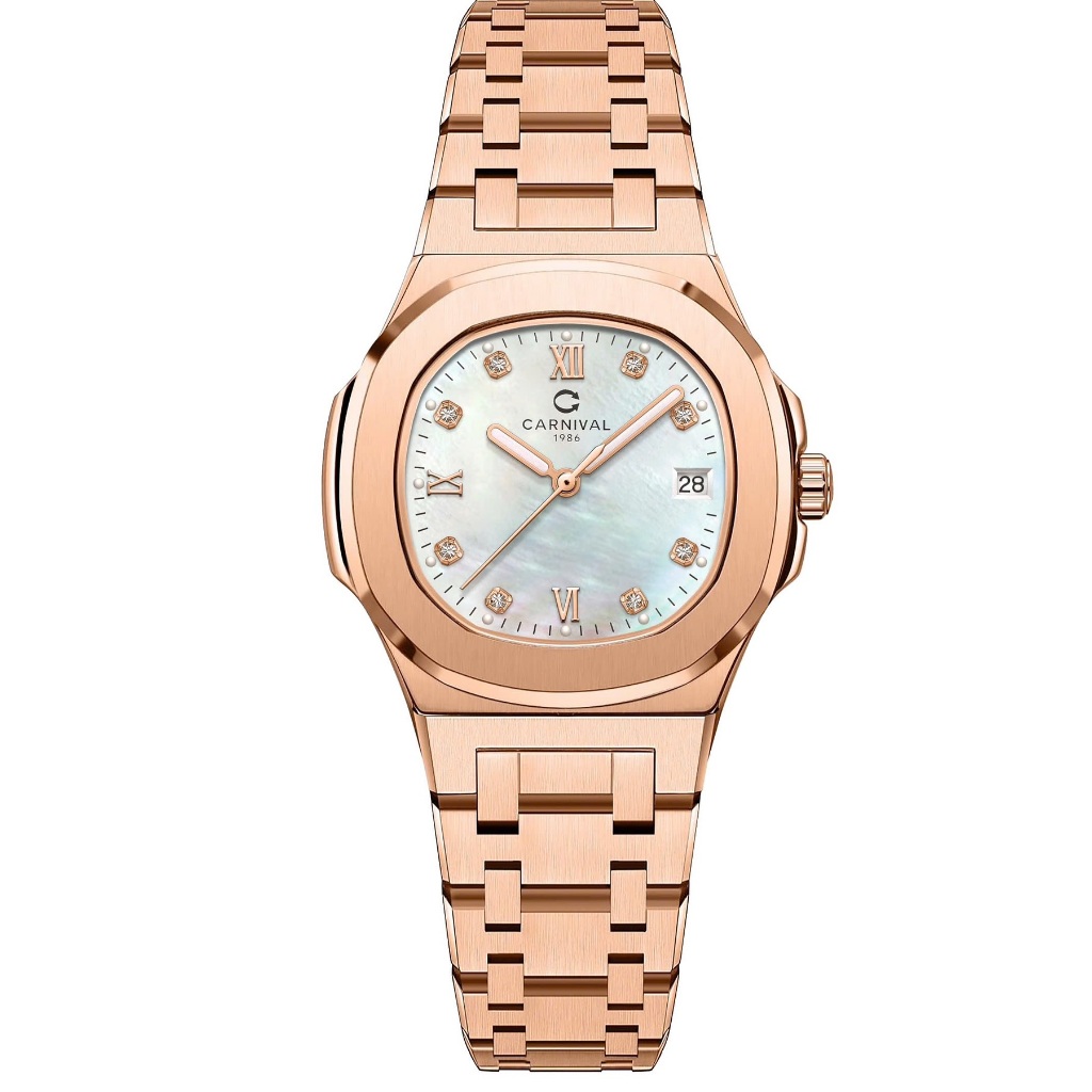 Đồng hồ nữ CARNIVAL 8160L-VH-TXC dây thép mặt xà cừ viền hồng - Mặt kính Sapphire 34mm