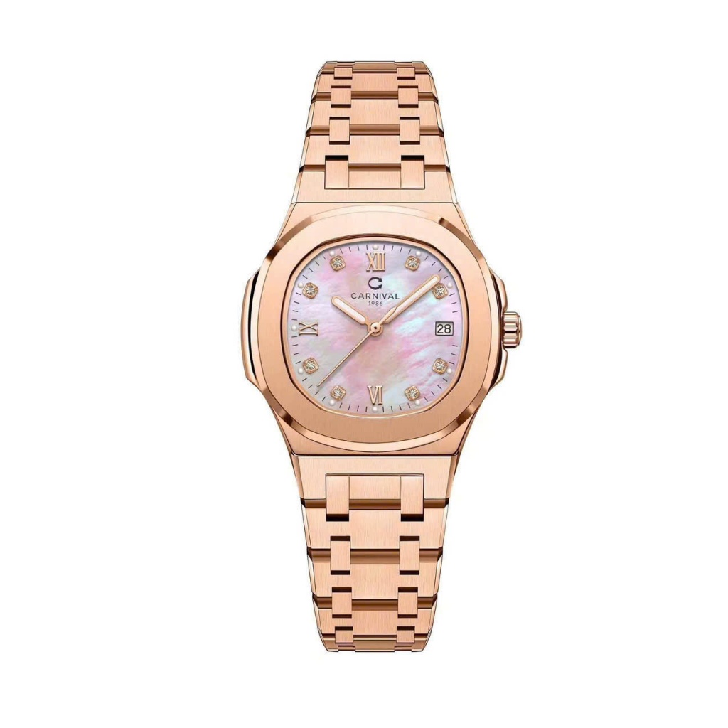 Đồng hồ nữ CARNIVAL 8160L-VH-HXC dây thép mặt xà cừ hồng viền hồng - Mặt kính Sapphire 34mm