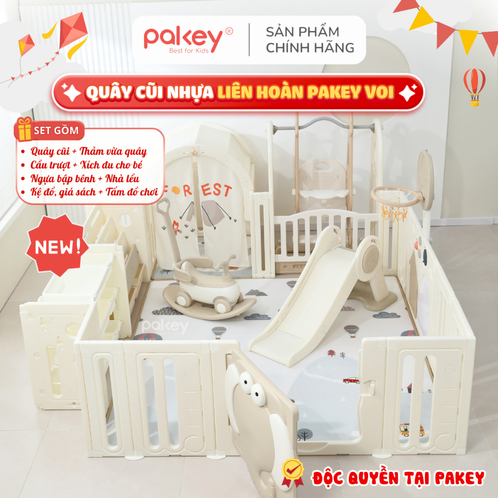 [MỚI 2026] Quây Cũi Nhựa Full Set Cao Cấp PAKEY, Quây Cũi Hình Chú Voi Con Kết Hợp Nhiều Nhiều Trò C