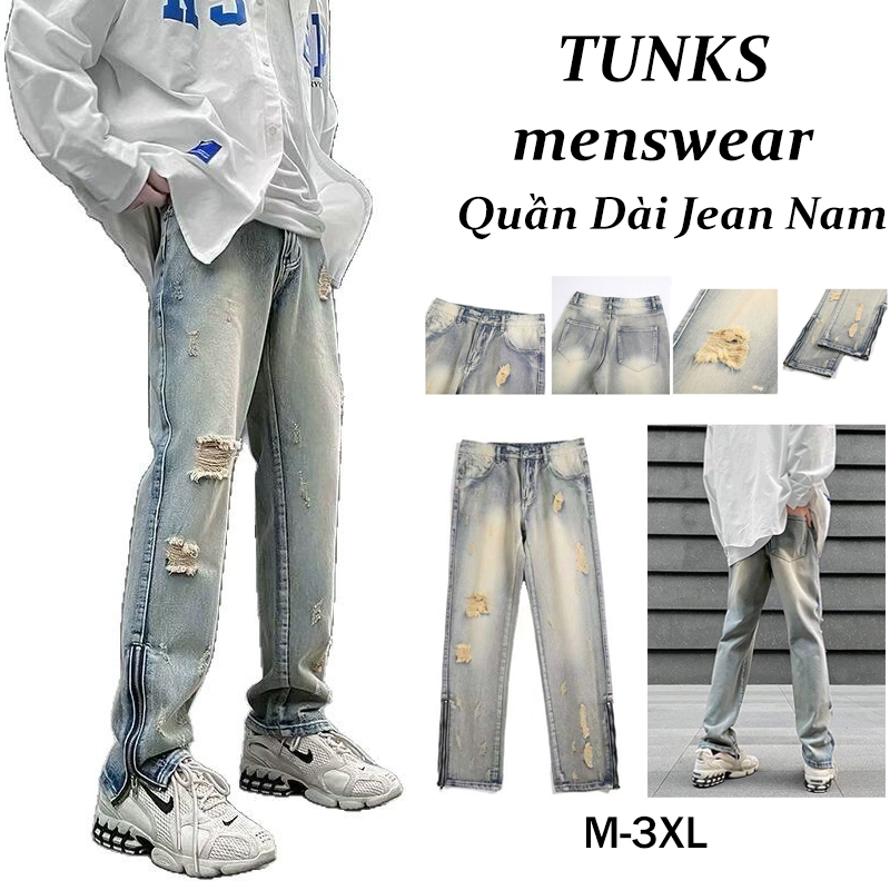 Quần Jean Nam Baggy rách gối ống suông, Quần jean nam ống đứng,Quần jean nam màu Xanh vàng wash,Quần