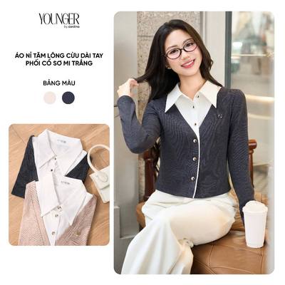 Áo nỉ nữ YOUNGER BY CARDINA chất liệu nỉ tăm lông cừu dài tay phối cổ sơ mi trắng 5YANF05