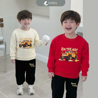 Bộ nỉ bé trai in xe ô tô on the way size 18-42kg - Đồ bộ thu đông dài tay cho trẻ em Loza Kids BI480