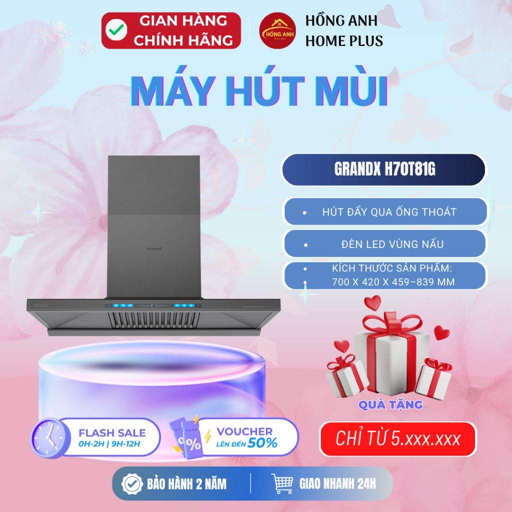Máy hút mùi GrandX H70T81G kiểu áp tường chữ T, rộng 70cm, thân màu titan kết hợp kính sang trọng