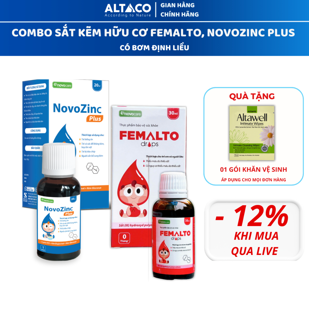Combo Sắt Kẽm Novocare NovoZinC, Femalto Hương Vị Hoa Quả, Ít Tanh, Hạn Chế Vị Chát Cho Bé