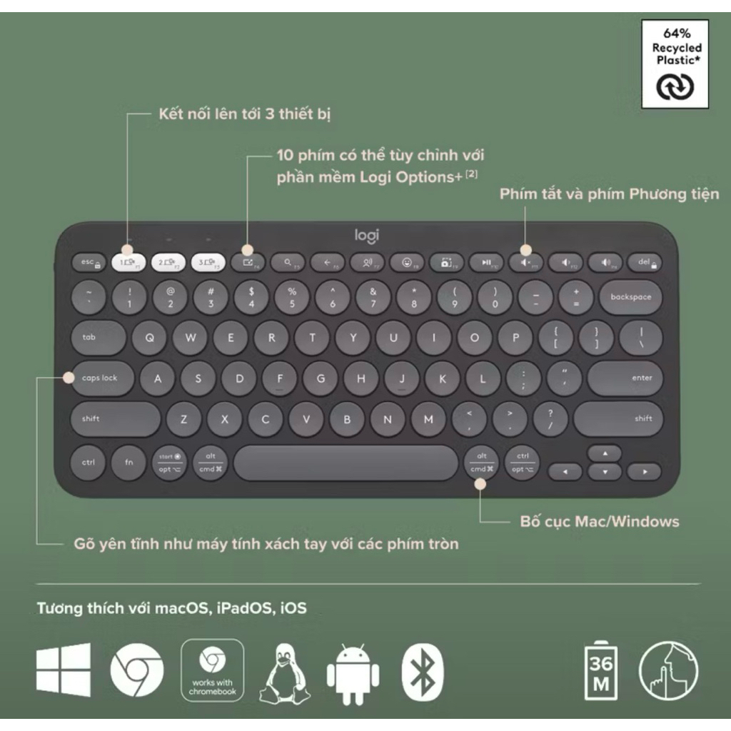 Bàn Phím Không Dây Bluetooth Logitech K380s - Giảm ồn, Gọn nhẹ, Đa thiết bị, Pin trâu - Bảo Hành 12 Tháng | BigBuy360 - bigbuy360.vn