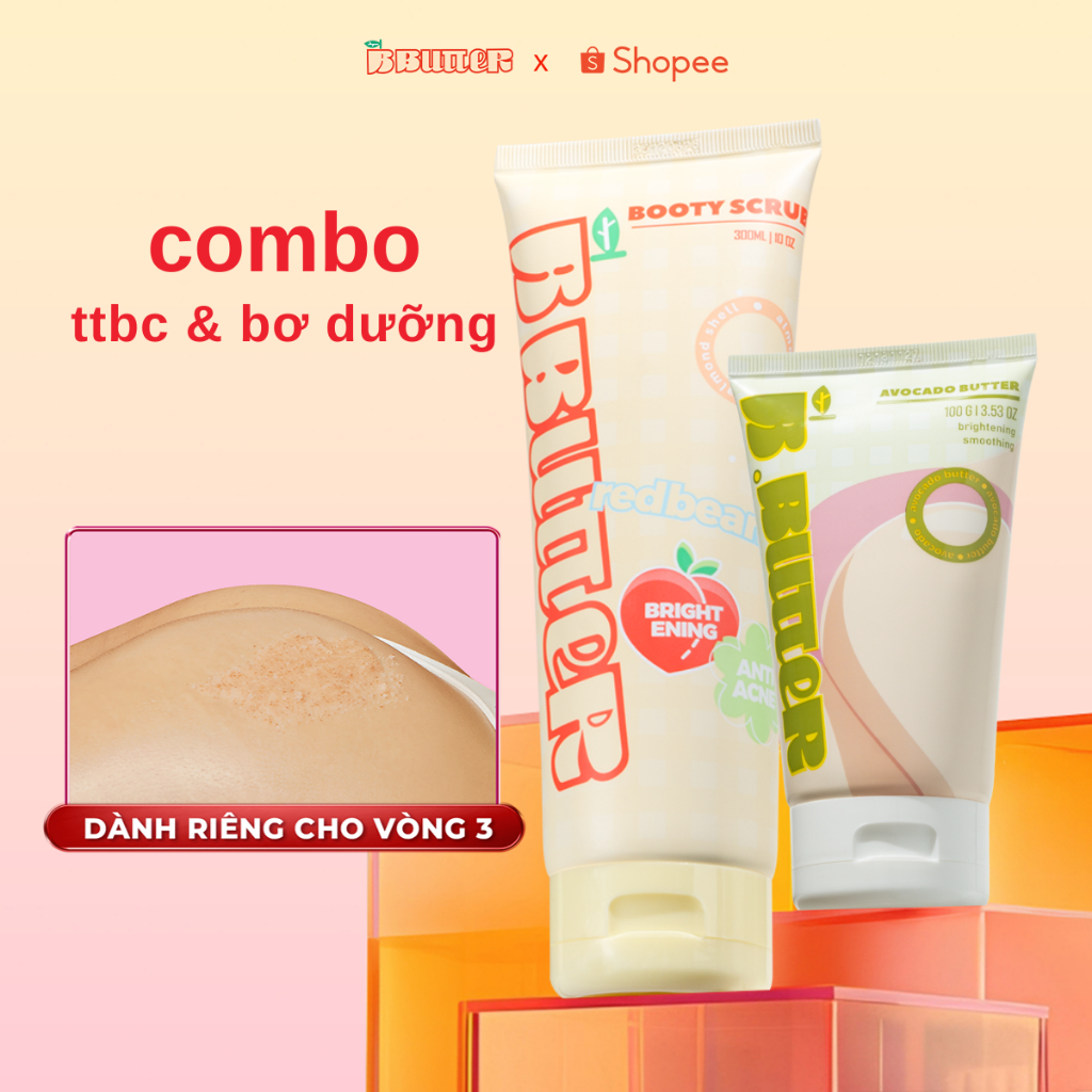 Combo sáng mượt Vòng 3 Bbutter gồm Tẩy da chết 300ml và Bơ dưỡng 100ml hỗ trợ giảm thâm mụn